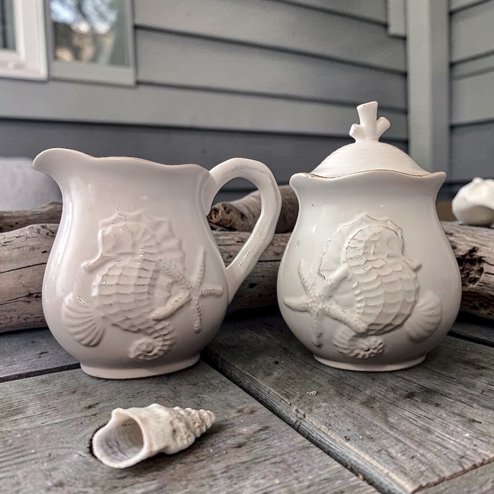 Blue Sky White‎ Seahorse Cream Sugar Set Coastal Beach House Creamer Ceramic